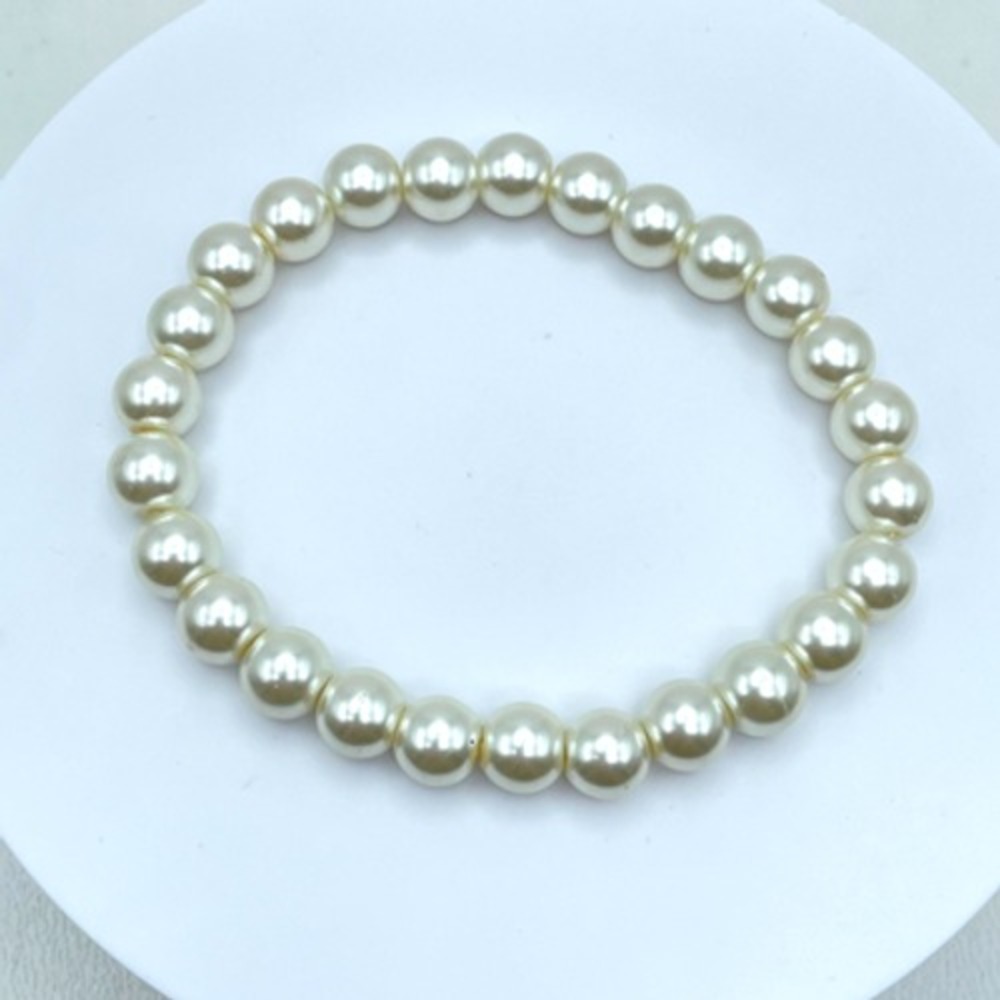 Modern Cream Classic Fashion Cord Round Mother Of Pearl Beaded Stretch Bracelet